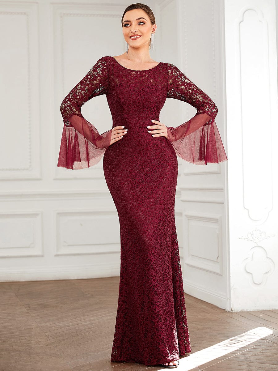 Tulle Bell Sleeve Lace Floor-Length Bodycon Evening Dress