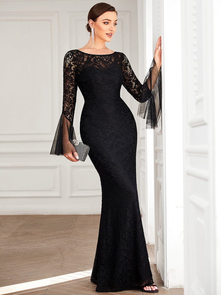 Tulle Bell Sleeve Lace Floor-Length Bodycon Evening Dress #color_Black