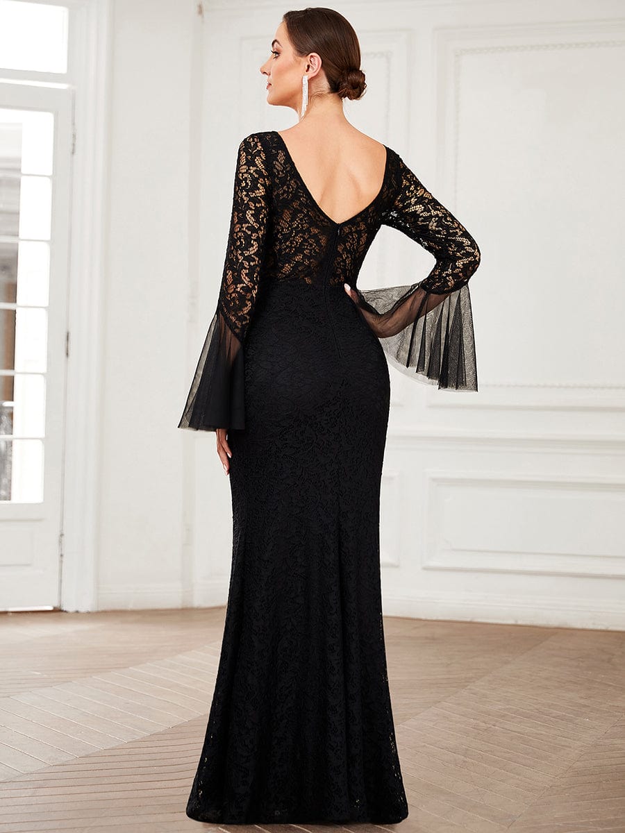 Tulle Bell Sleeve Lace Floor-Length Bodycon Evening Dress #color_Black