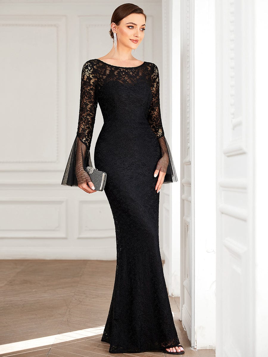 Tulle Bell Sleeve Lace Floor-Length Bodycon Evening Dress