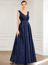 Illusion V-Neck Satin Empire Waist A-Line Evening Dress #Color_Navy Blue