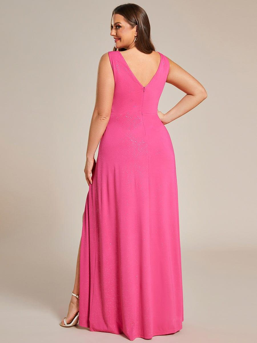 Plus Size Shiny V Neck Side Split Formal Evening Dress #color_Hot Pink