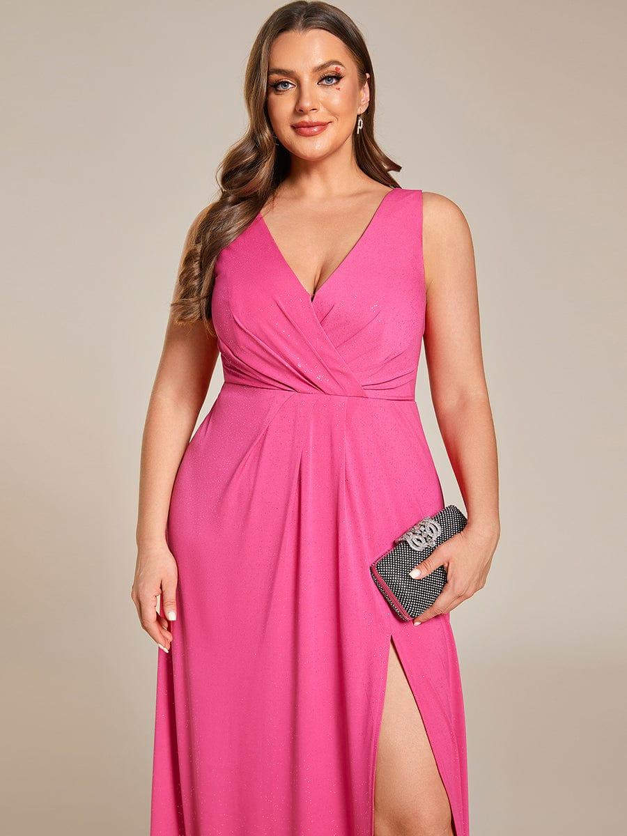 Plus Size Shiny V Neck Side Split Formal Evening Dress #color_Hot Pink