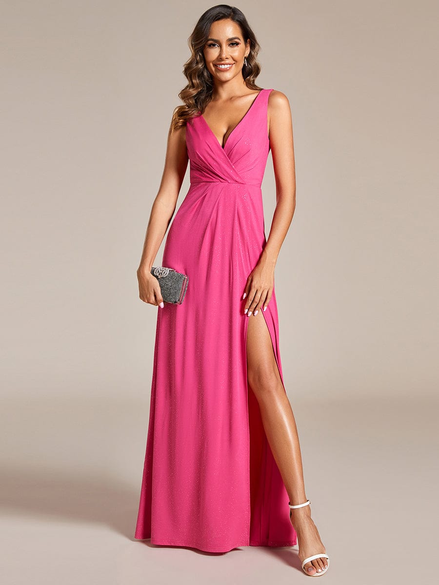 Glittery Sleeveless Double V-Neck Side Slit A-Line Formal Evening Dress #color_Hot Pink