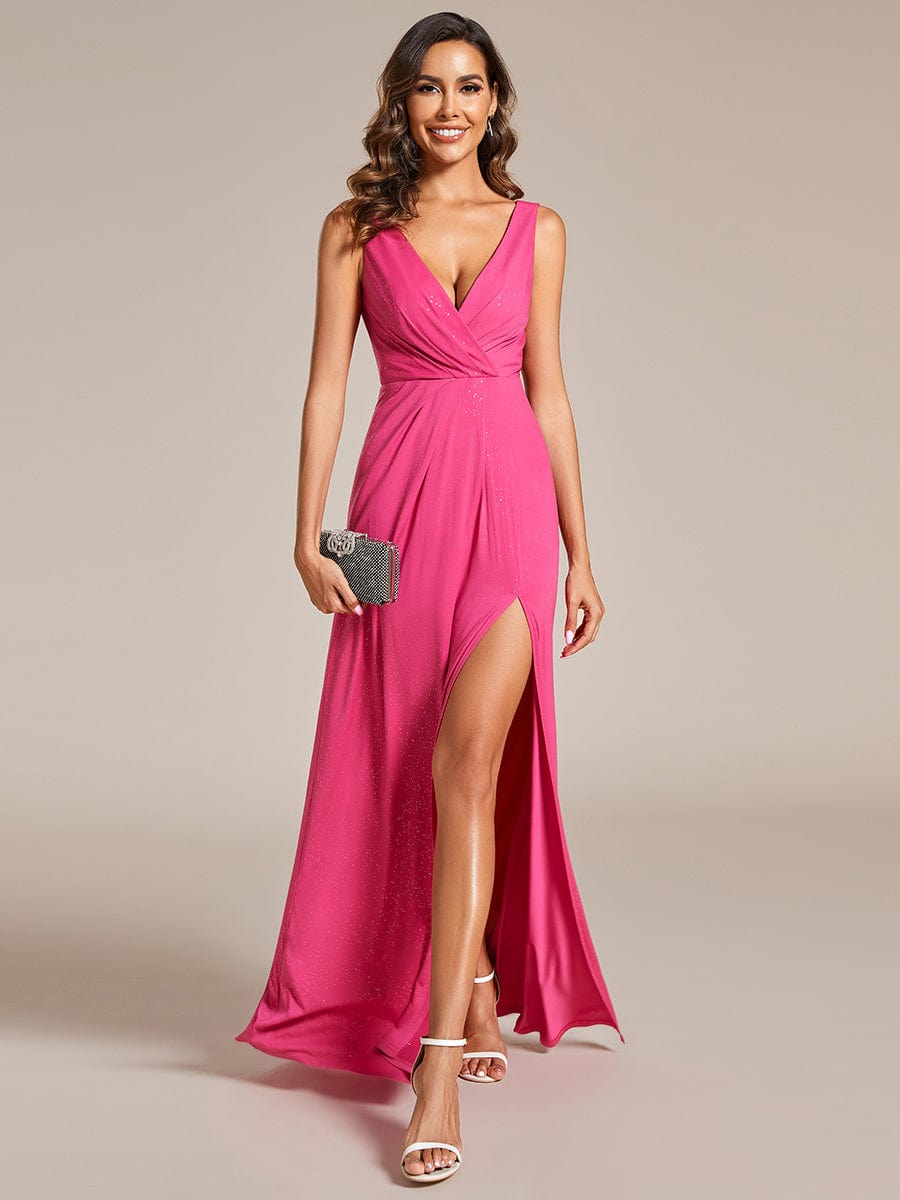Glittery Sleeveless Double V-Neck Side Slit A-Line Formal Evening Dress