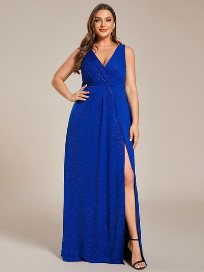 Plus Size Shiny V Neck Side Split Formal Evening Dress #color_Sapphire Blue