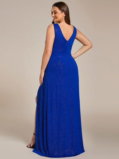 Plus Size Shiny V Neck Side Split Formal Evening Dress #color_Sapphire Blue