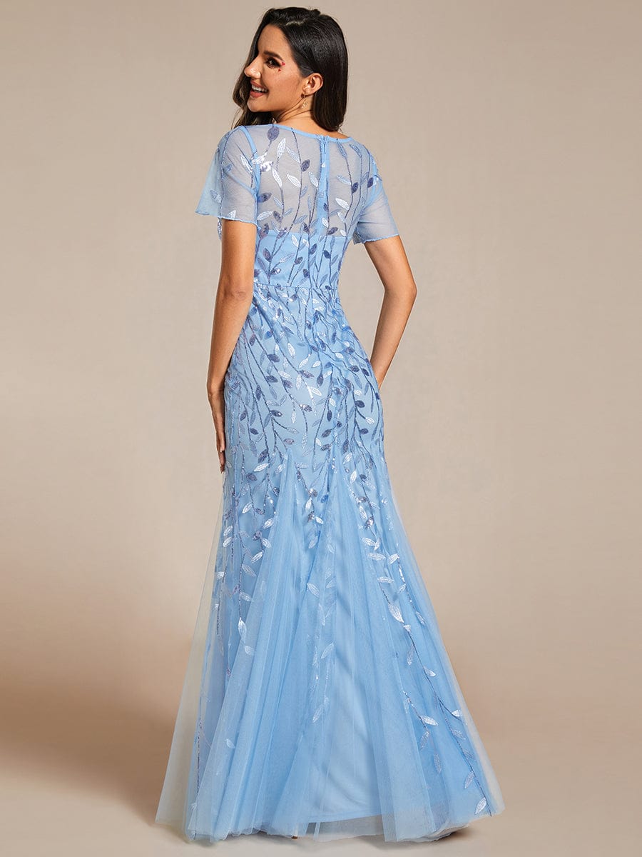 Floral Sequin Maxi Fishtail Tulle Prom Dress with Short Sleeve