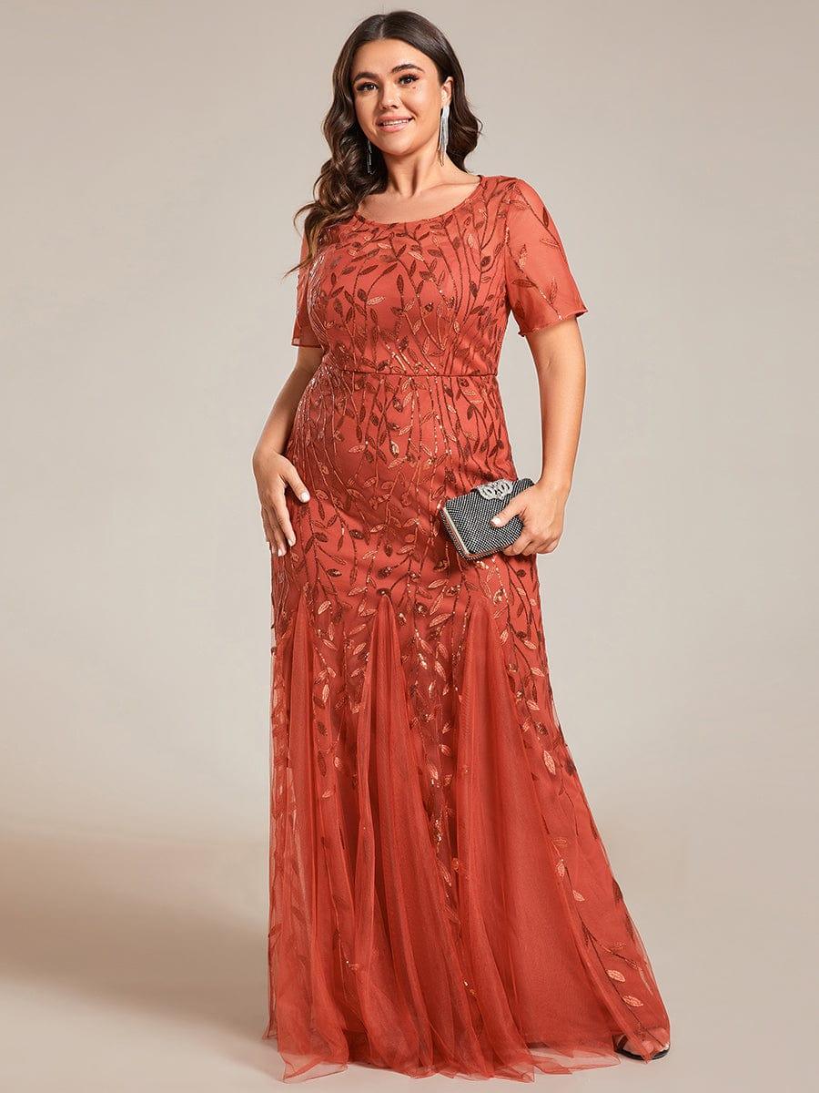 Floral Sequin Print Plus Size Mermaid Tulle Evening Dress #color_Burnt Orange