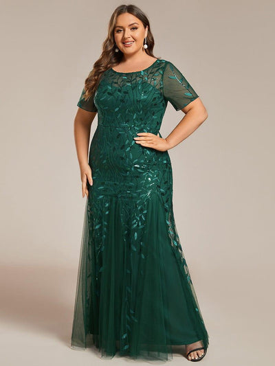 Floral Sequin Print Plus Size Mermaid Tulle Evening Dress #color_Dark Green