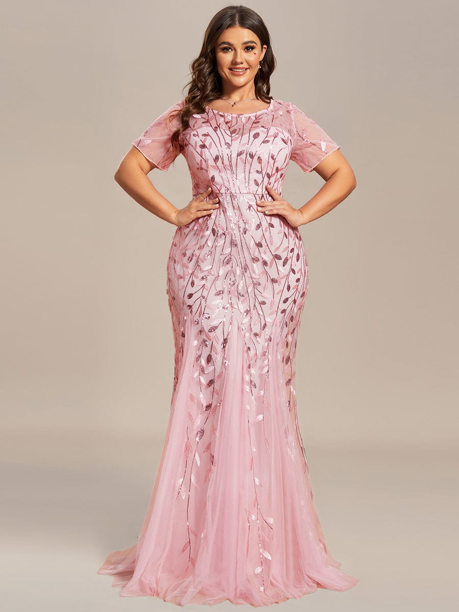 Floral Sequin Print Plus Size Mermaid Tulle Evening Dress #color_Pink