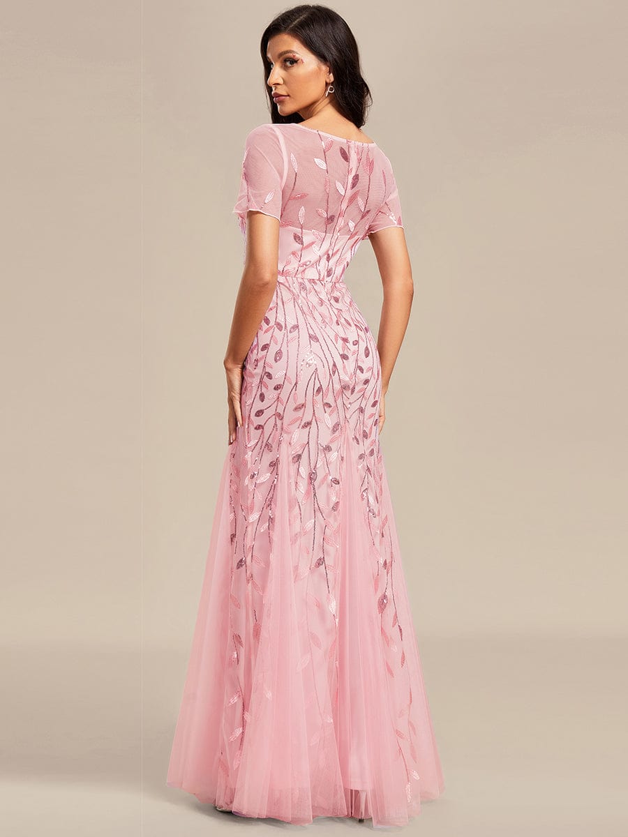 Floral Sequin Maxi Fishtail Tulle Prom Dress with Half Sleeve #Color_Pink