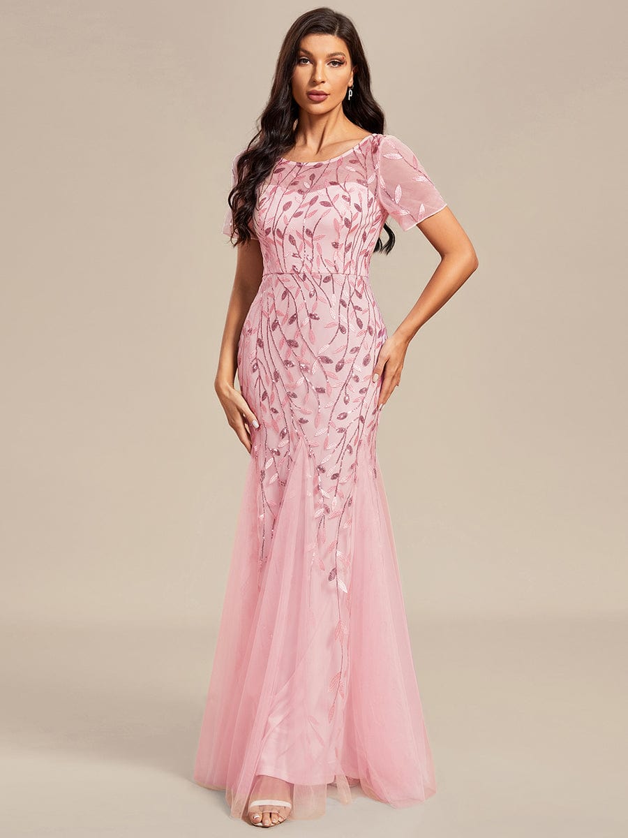 Floral Sequin Maxi Fishtail Tulle Prom Dress with Half Sleeve #Color_Pink