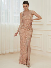 Spaghetti Strap Ruched Sequin High Slit Evening Dress #color_Rose Gold 