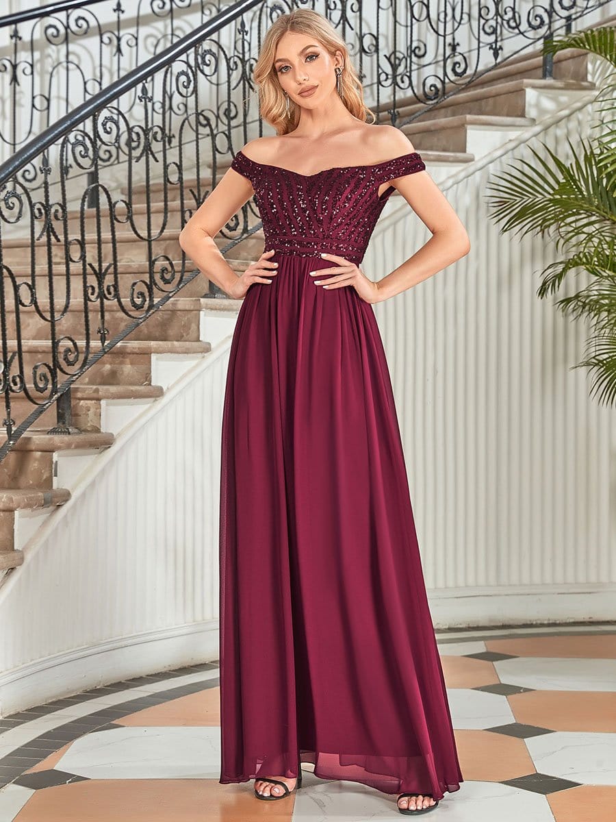 Striped Sequin Sweetheart Floor-Length Evening Dress #color_Burgundy 