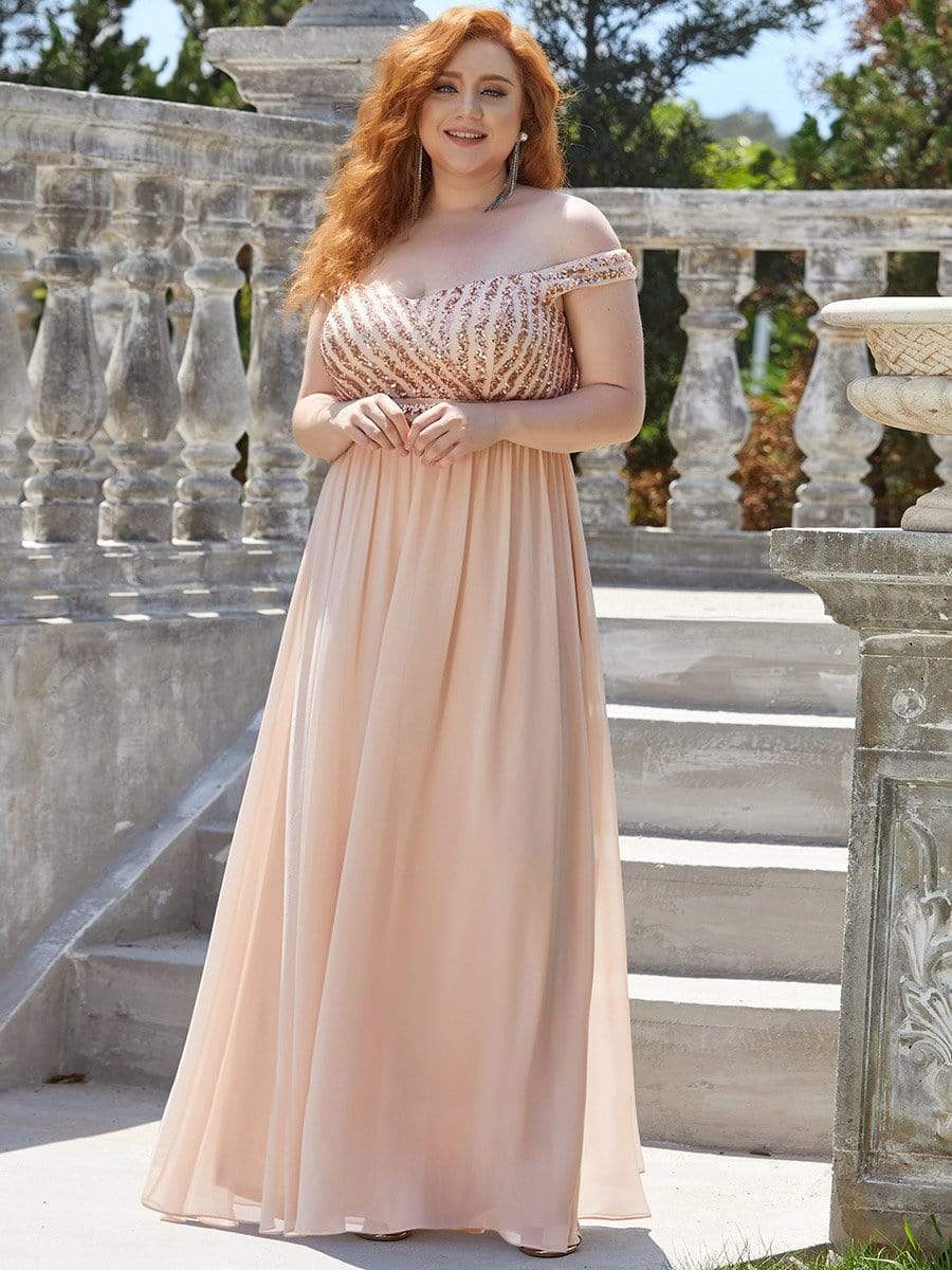 Plus Size Striped Sequin Sweetheart Floor-Length Evening Dress #color_Blush 