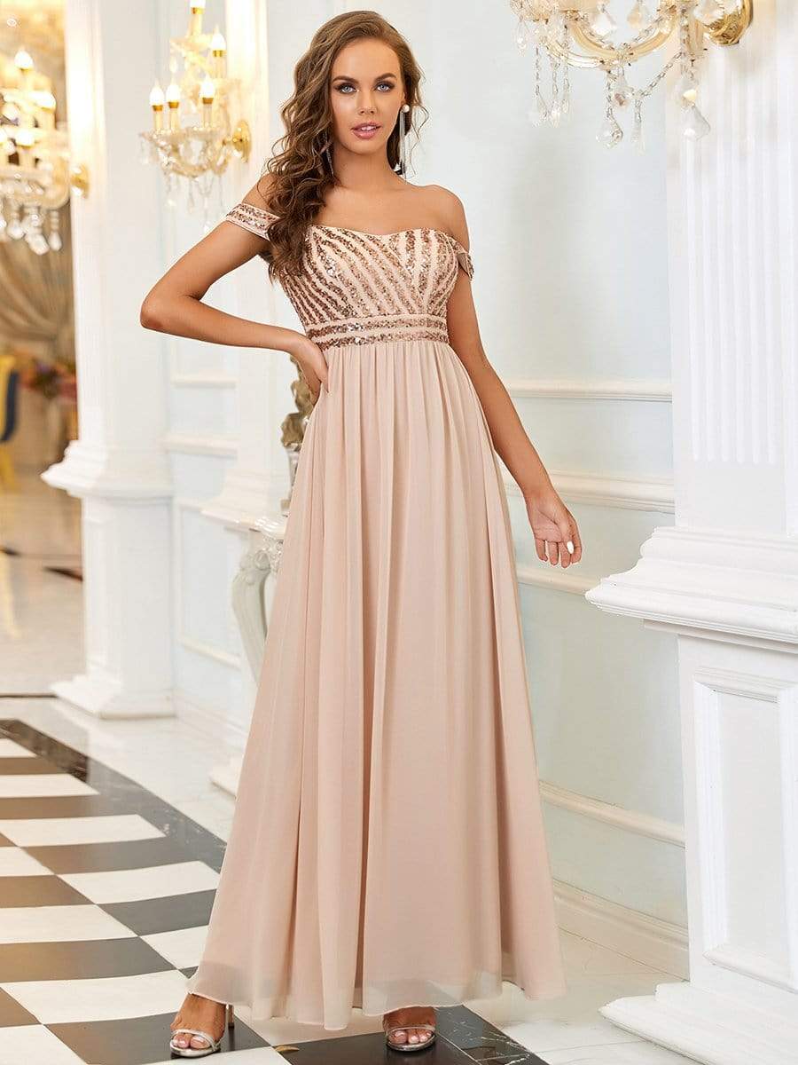 Striped Sequin Sweetheart Floor-Length Evening Dress #color_Blush 