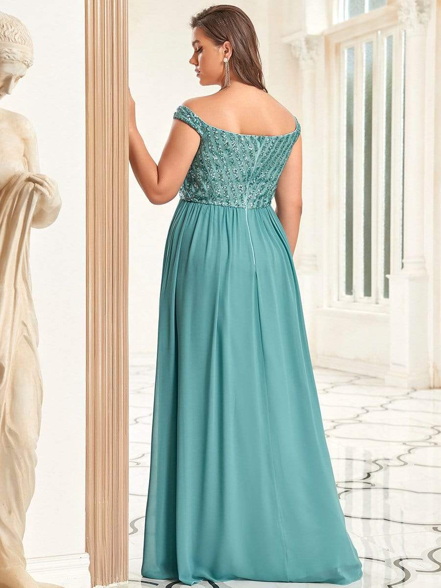 Plus Size Striped Sequin Sweetheart Floor-Length Evening Dress #color_Dusty Blue 