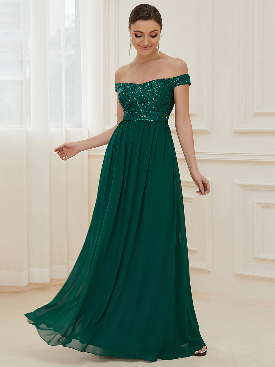 Striped Sequin Sweetheart Floor-Length Evening Dress #color_Dark Green 