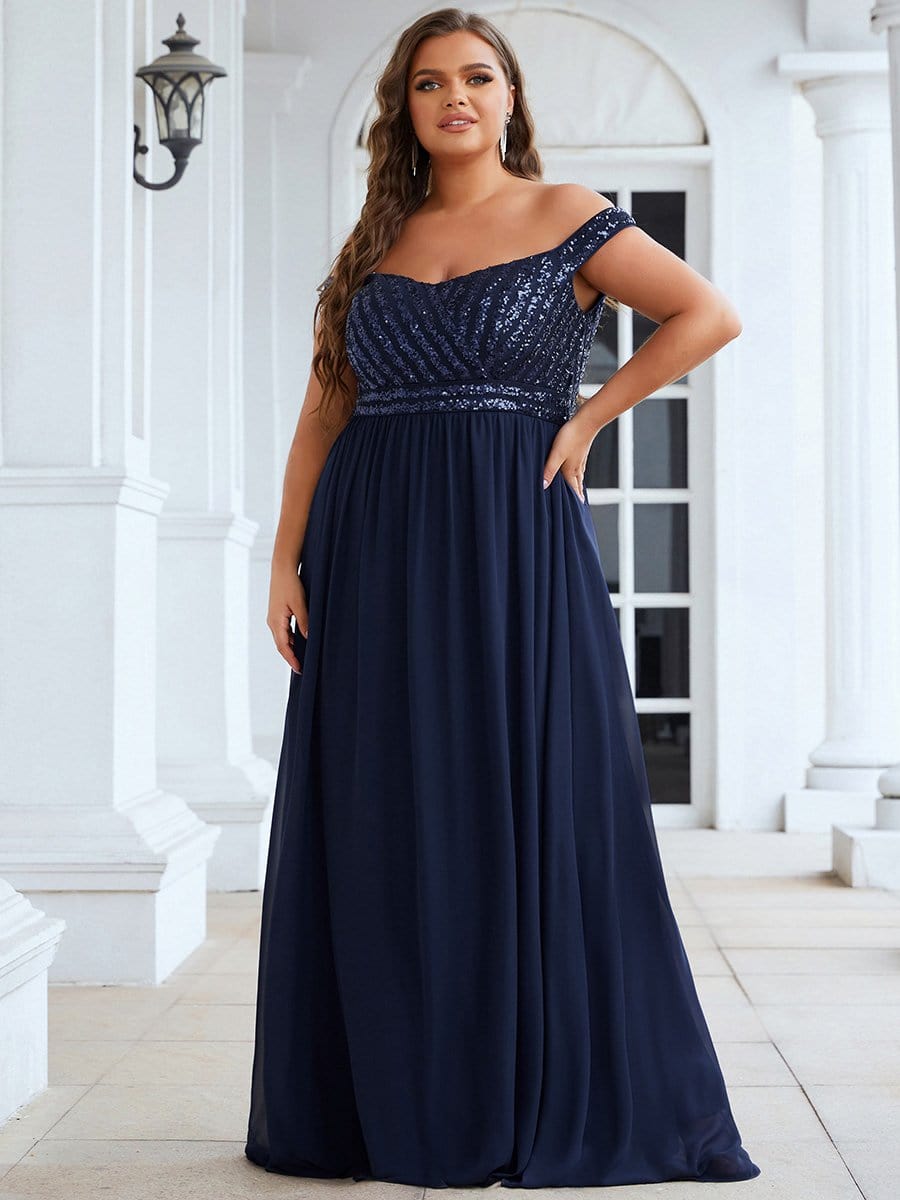 Plus Size Striped Sequin Sweetheart Floor-Length Evening Dress #color_Navy Blue 