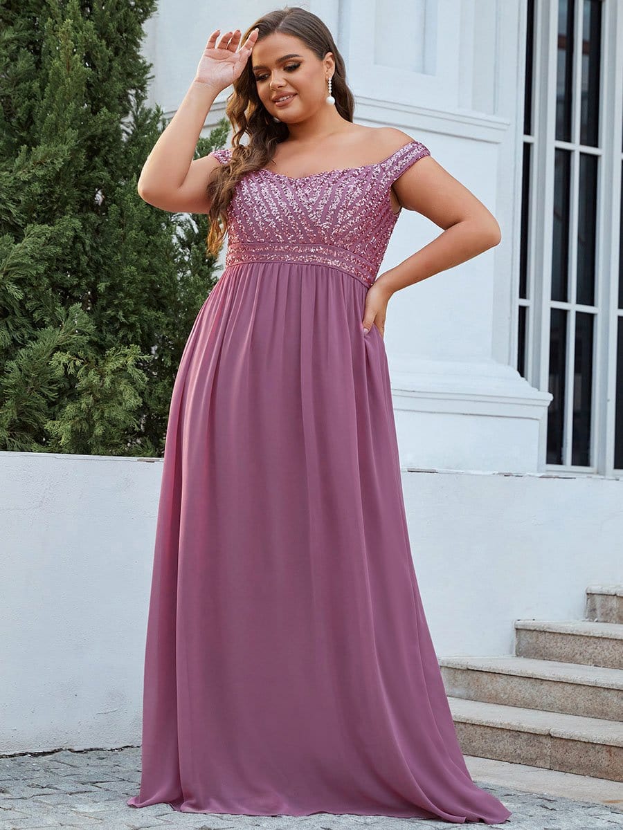 Plus Size Striped Sequin Sweetheart Floor-Length Evening Dress #color_Purple Orchid 