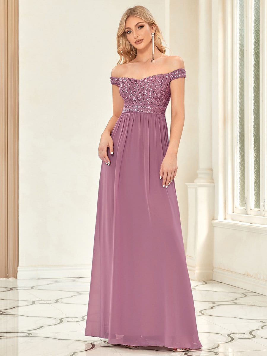 Striped Sequin Sweetheart Floor-Length Evening Dress #color_Purple Orchid 