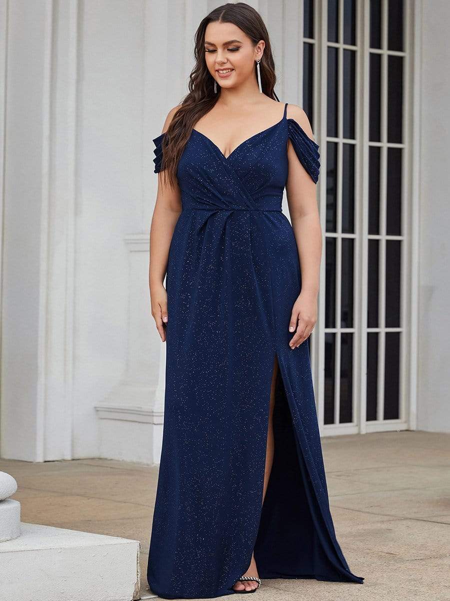 Plus Size V-Neck Cold Shoulder Floor-Length Evening Dress #color_Navy Blue 