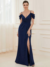 V-Neck Cold Shoulder Floor-Length Evening Dress #color_Navy Blue 