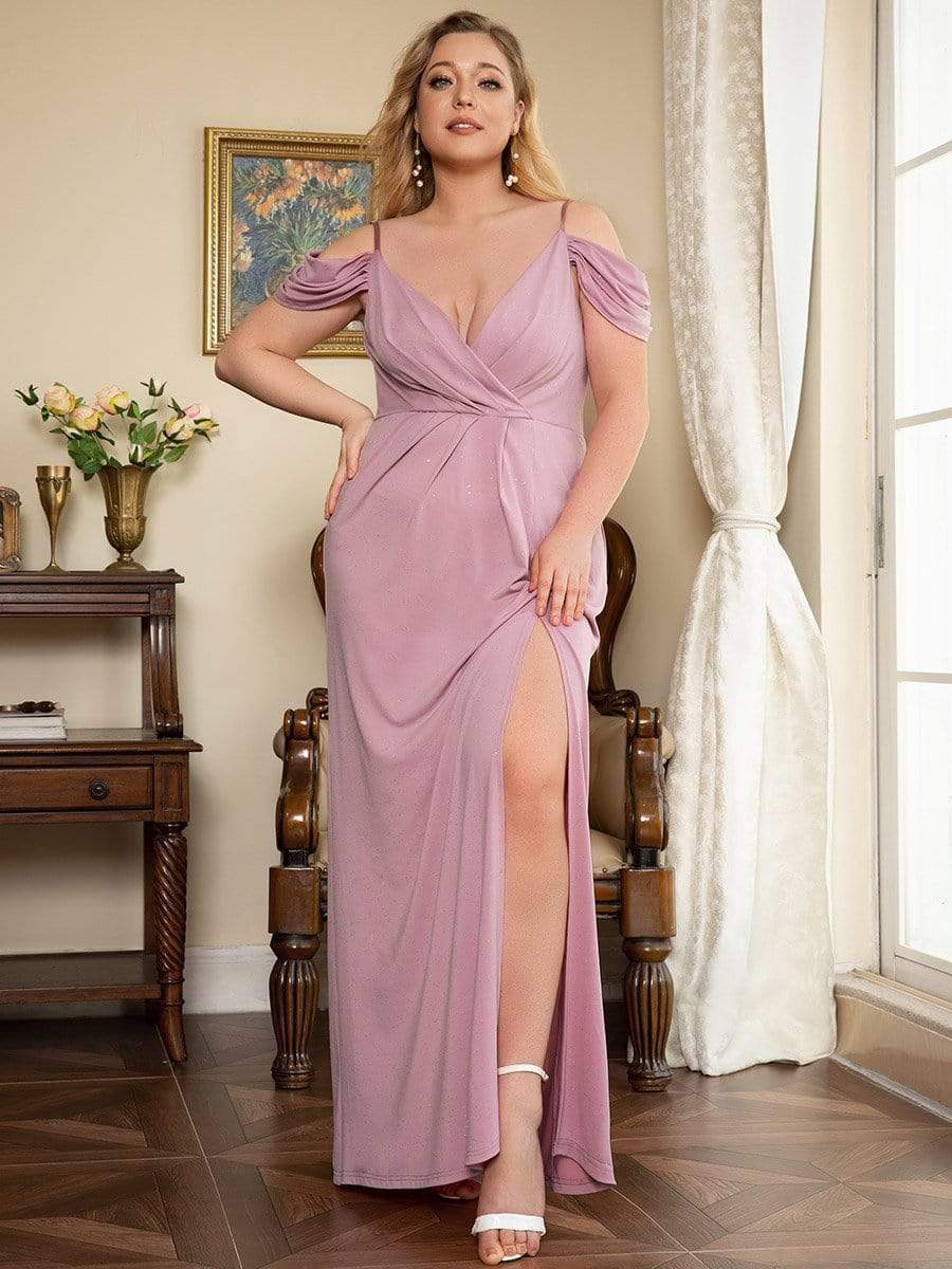 Plus Size V-Neck Cold Shoulder Floor-Length Evening Dress #color_Purple Orchid 