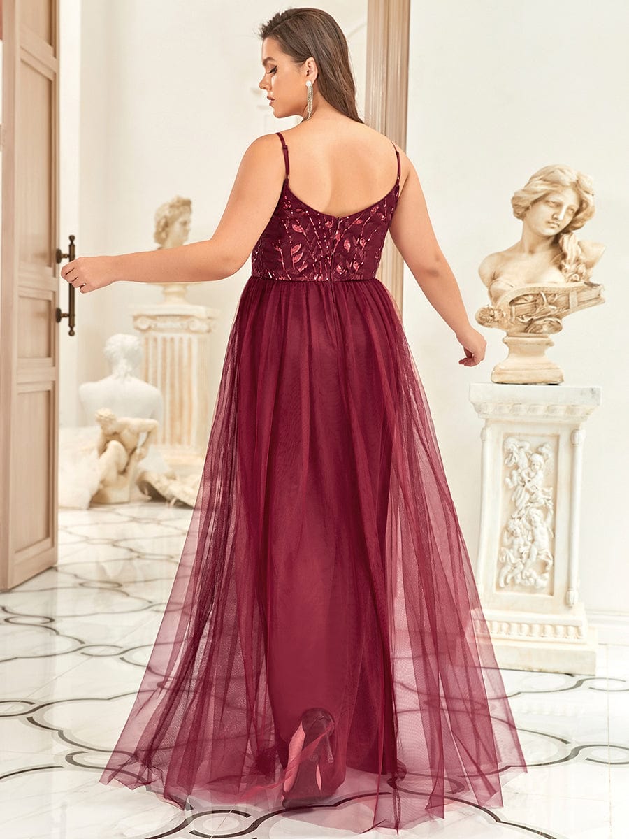 Custom Size Soft Spaghetti Straps V-Neck Embroidery Evening Dress #color_Burgundy
