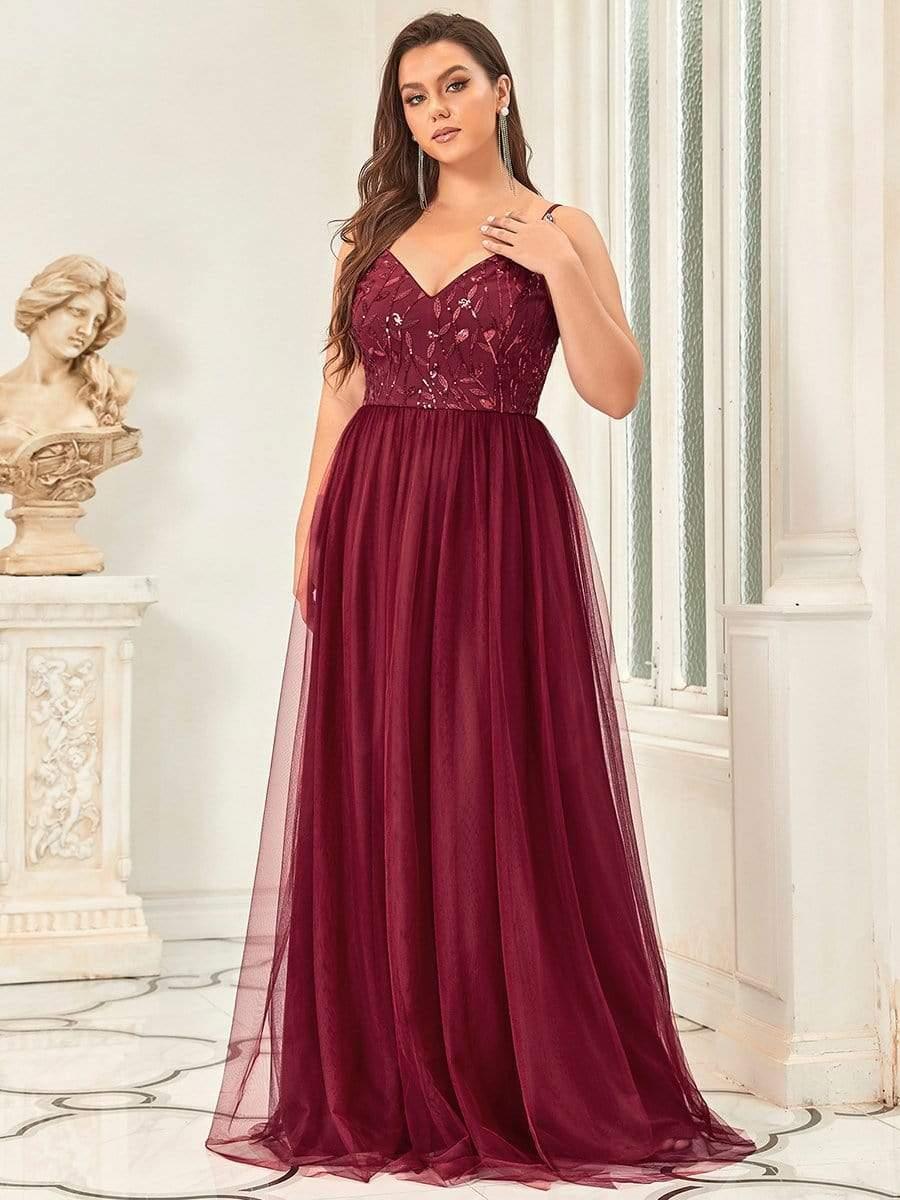 Plus Size Soft Spaghetti Straps V-Neck Embroidery Evening Dress #color_Burgundy 