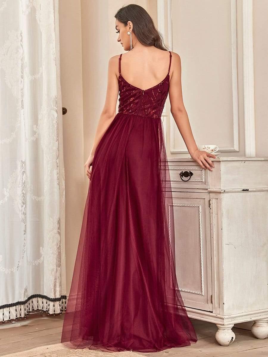 Soft Spaghetti Straps V-Neck Embroidery Evening Dress #color_Burgundy 