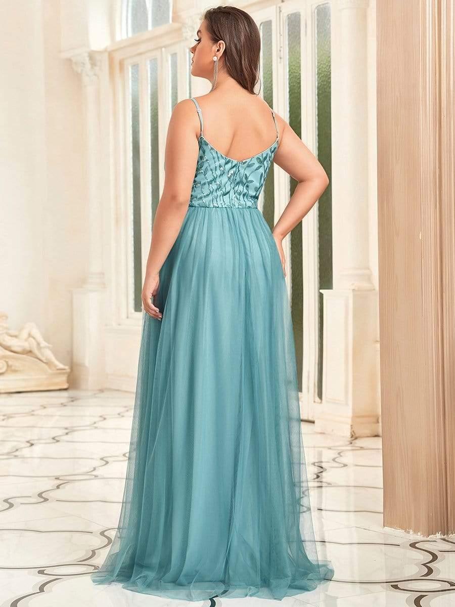Plus Size Soft Spaghetti Straps V-Neck Embroidery Evening Dress #color_Light Teal 