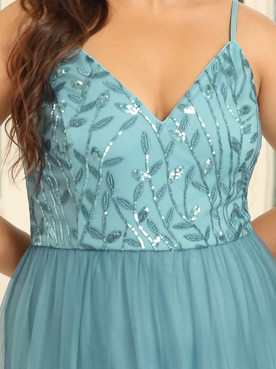 Plus Size Soft Spaghetti Straps V-Neck Embroidery Evening Dress #color_Light Teal 