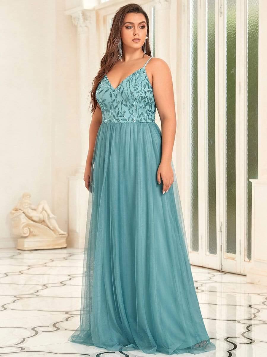 Plus Size Soft Spaghetti Straps V-Neck Embroidery Evening Dress #color_Light Teal 