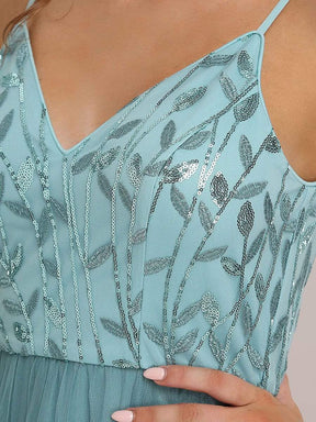 Soft Spaghetti Straps V-Neck Embroidery Evening Dress