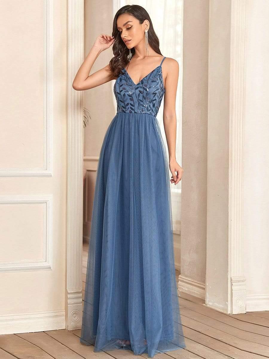 Soft Spaghetti Straps V-Neck Embroidery Evening Dress #color_Dusty Navy 