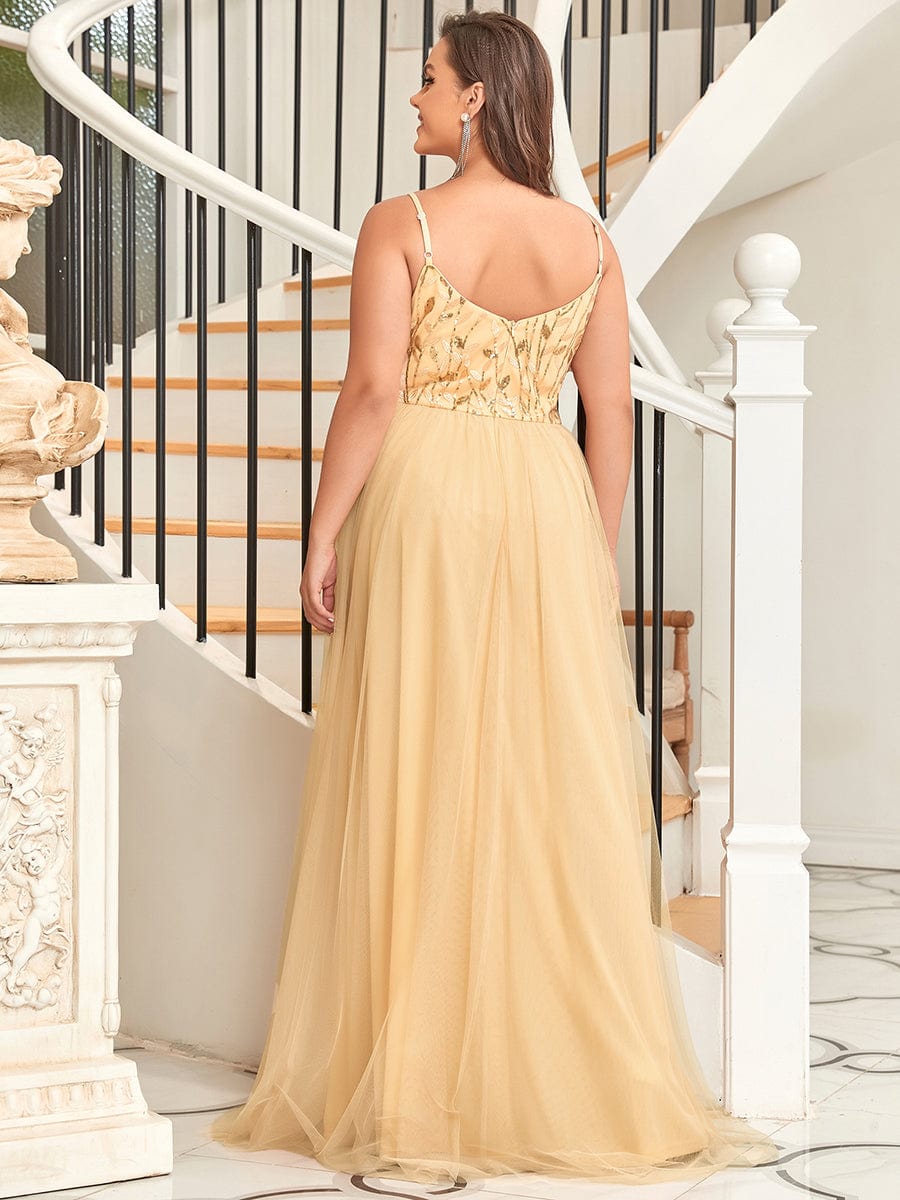 Custom Size Soft Spaghetti Straps V-Neck Embroidery Evening Dress #color_Gold
