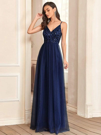 Soft Spaghetti Straps V-Neck Embroidery Evening Dress #color_Navy Blue 