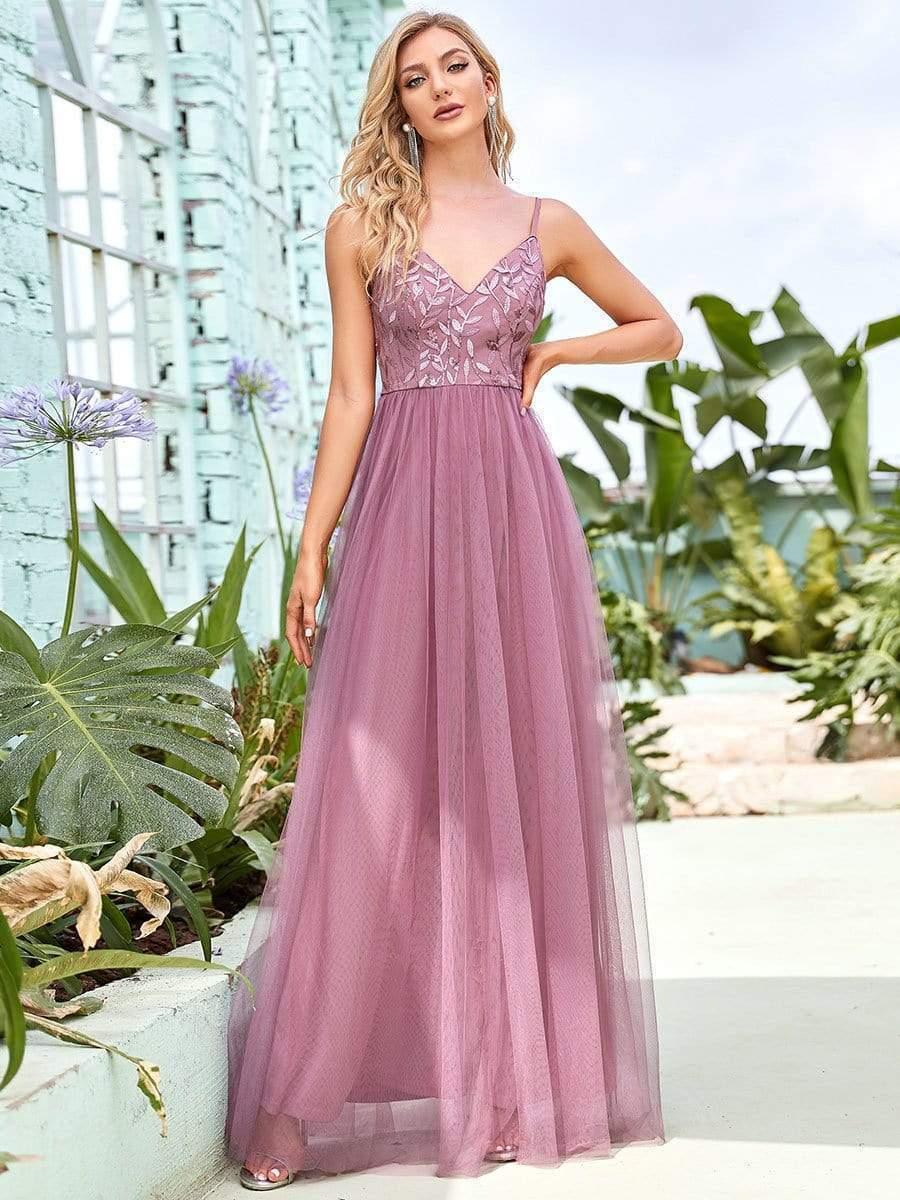 Soft Spaghetti Straps V-Neck Embroidery Evening Dress #color_Purple Orchid 