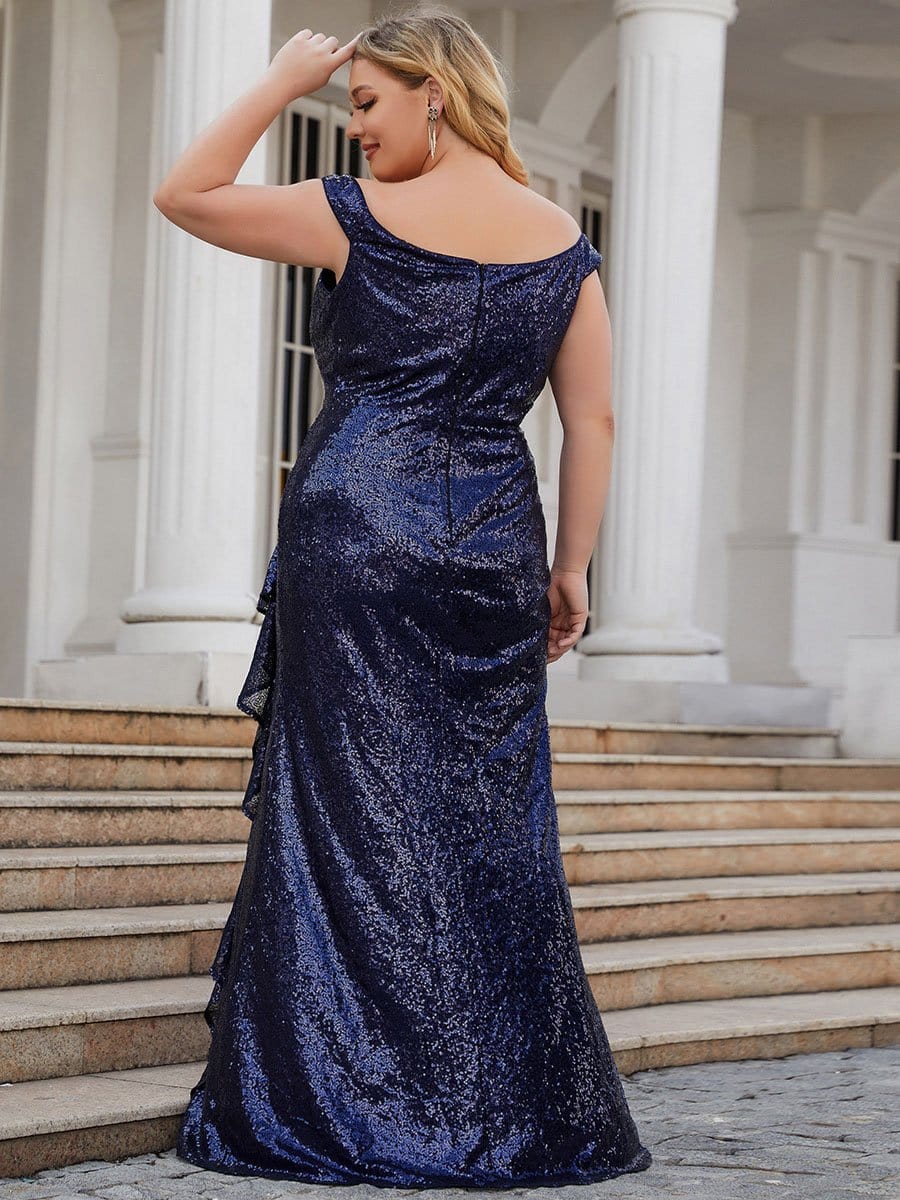 Color=Navy Blue | Plus Size Curvy Sequin Sleeveless High Slit Ruffled Evening Dress-Navy Blue 2
