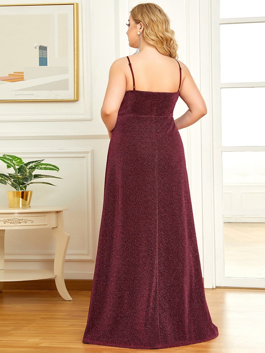 Plus Size Spaghetti Strap Shiny Formal Evening Dress for Wedding #color_Burgundy 