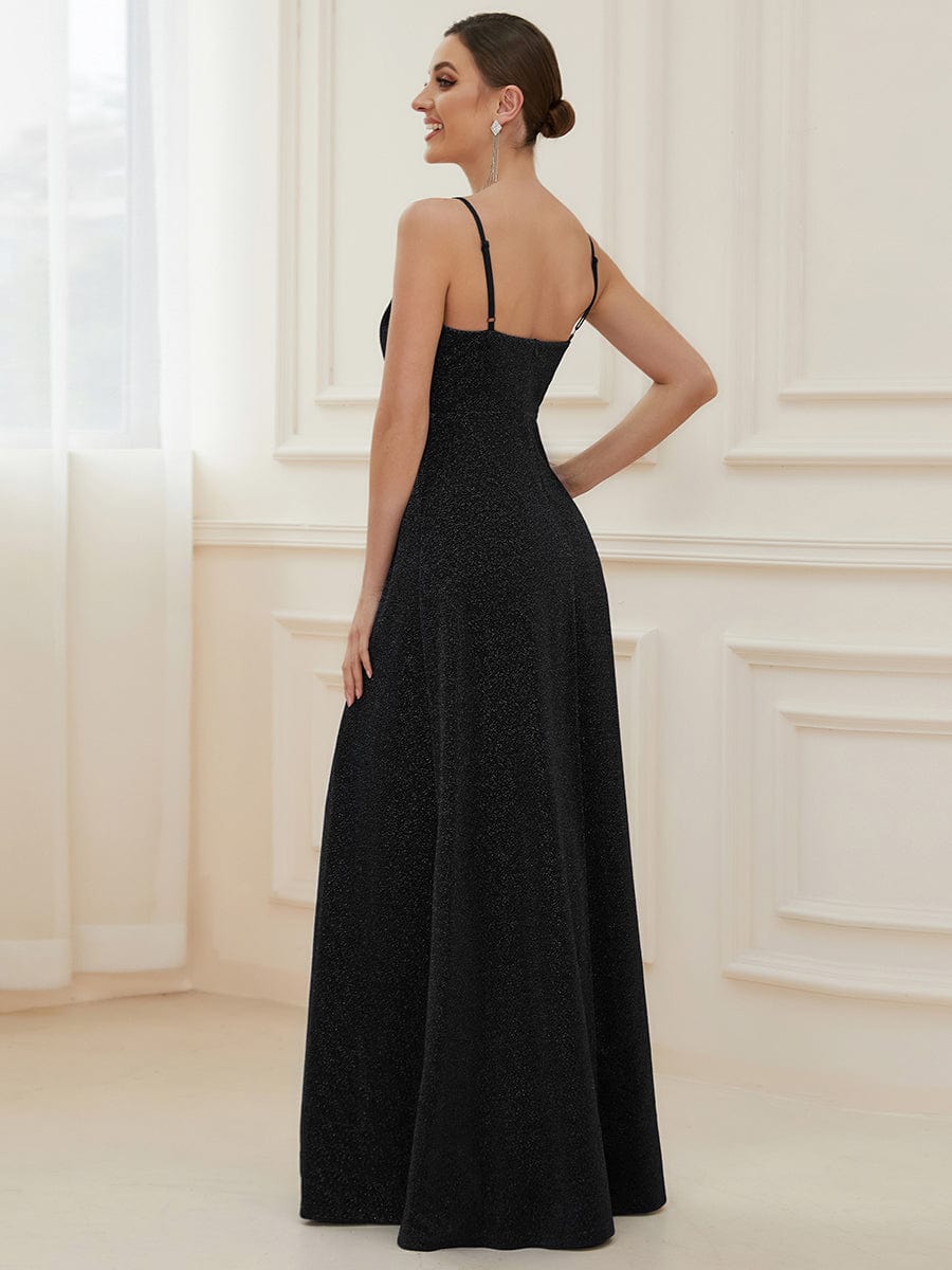 Spaghetti Strap Front Slit Shiny Evening Dress #color_Black 