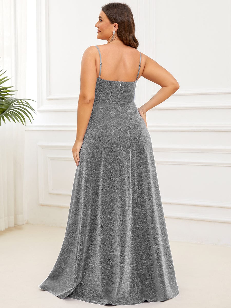 Plus Size Spaghetti Strap Shiny Formal Evening Dress for Wedding #color_Grey