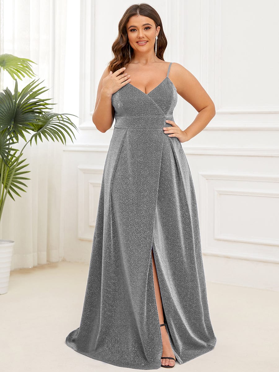 Plus Size Formal Spaghetti Straps Side Split Evening Dresses #color_Grey