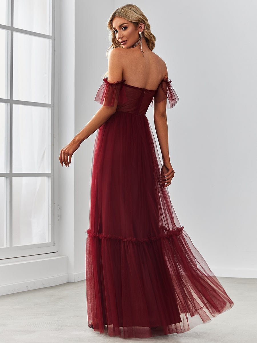 Custom Size Off-Shoulder Sweetheart Double Layer Pleated Evening Dress #color_Burgundy