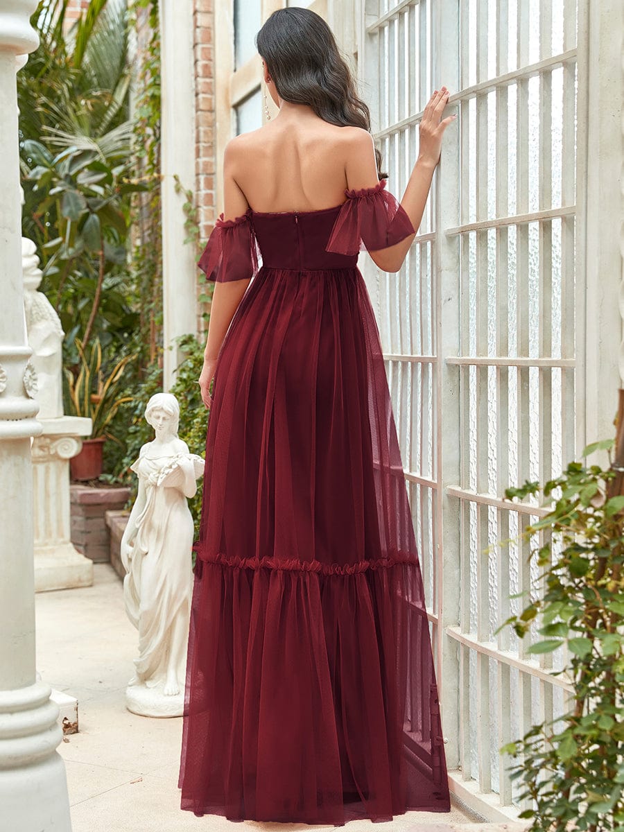 Off-Shoulder Sweetheart Double Layer Pleated Evening Dress #color_Burgundy