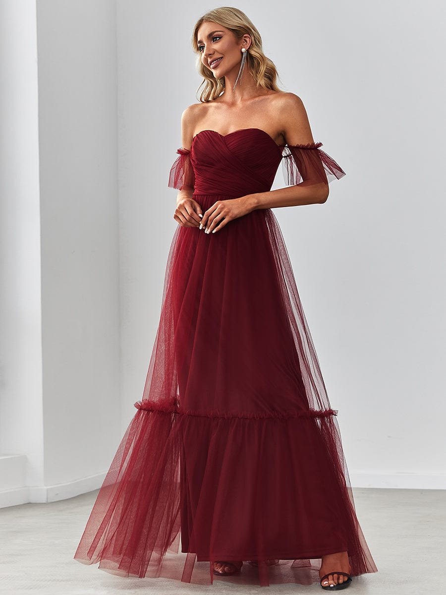 Custom Size Off-Shoulder Sweetheart Double Layer Pleated Evening Dress #color_Burgundy
