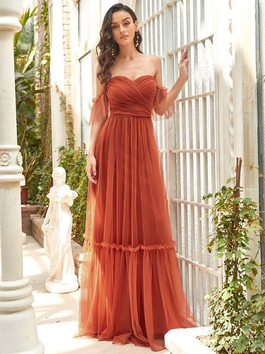 Custom Size Off-Shoulder Sweetheart Double Layer Pleated Evening Dress #color_Burnt Orange