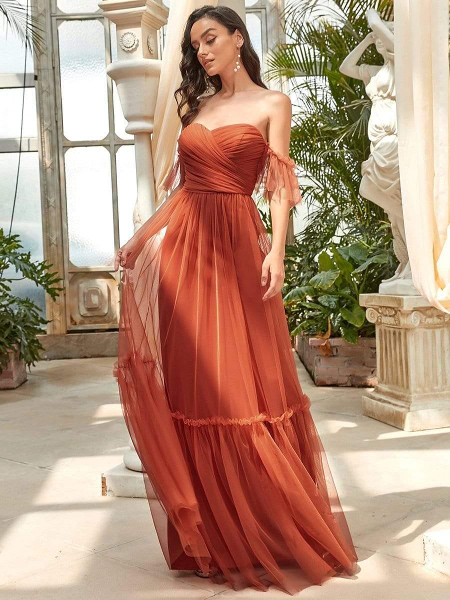Custom Size Off-Shoulder Sweetheart Double Layer Pleated Evening Dress #color_Burnt Orange